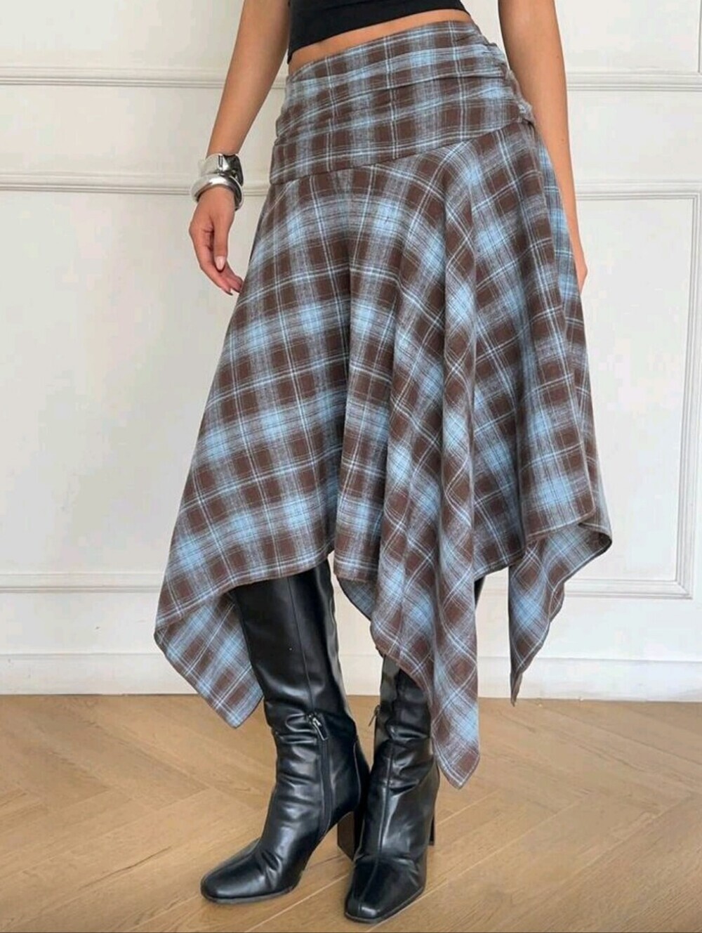 Women's Retro Blue Plaid Cotton Midi Skirt,Asymmetrical Hem High Low Chec - Picture 2 of 4